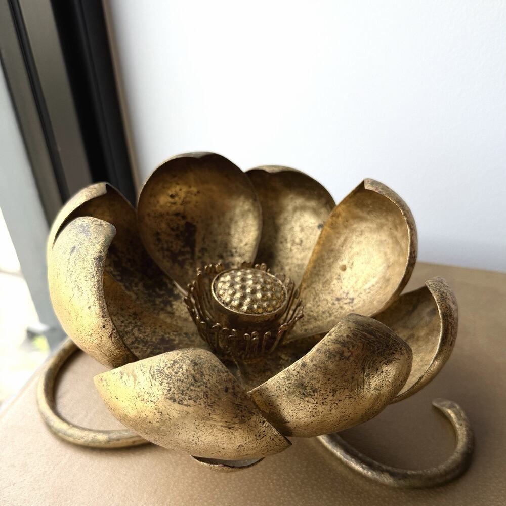 Antique Sante Mingazzi Wrought Iron Gold Lotus Flower Sculpture Gilt Metal